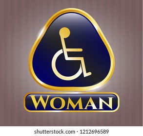  Golden emblem or badge with disabled (wheelchair) icon and Woman text inside