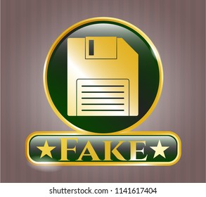  Golden emblem or badge with diskette icon and Fake text inside