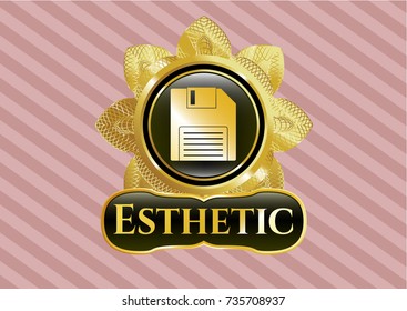  Golden emblem or badge with diskette icon and Esthetic text inside