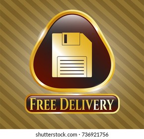  Golden emblem or badge with diskette icon and Free Delivery text inside