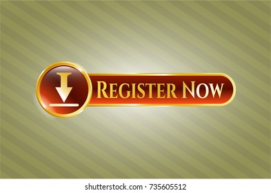  Golden emblem or badge with download icon and Register Now text inside