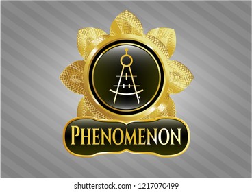  Golden emblem or badge with drawing compass icon and Phenomenon text inside