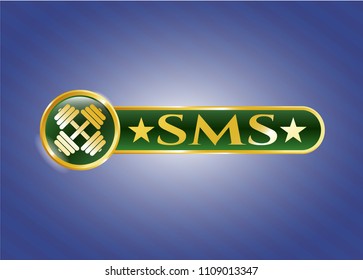   Golden emblem or badge with dumbbell icon and SMS text inside