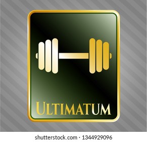  Golden emblem or badge with dumbbell icon and Ultimatum text inside