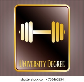  Golden emblem or badge with dumbbell icon and University Degree text inside