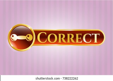 Golden emblem or badge with dumbbell icon and Correct text inside