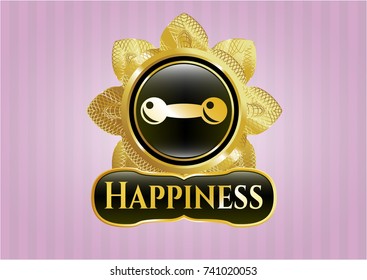  Golden emblem or badge with dumbbell icon and Happiness text inside