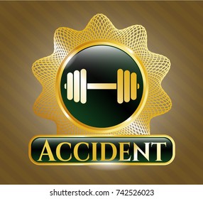  Golden emblem or badge with dumbbell icon and Accident text inside