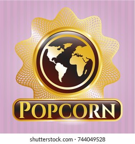  Golden emblem badge and earth icon   Popcorn text inside