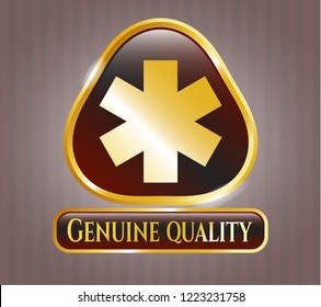  Golden emblem or badge with emergency cross icon and Genuine Quality text inside