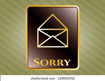   Golden emblem or badge with envelope icon and Sorry text inside