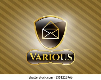  Golden emblem or badge with envelope icon and Various text inside