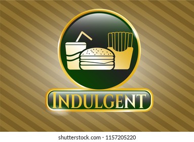  Golden emblem or badge with fast food icon and Indulgent text inside