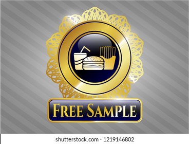  Golden emblem or badge with fast food icon and Free Sample text inside
