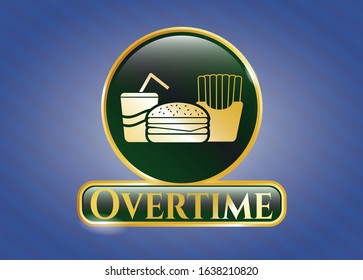  Golden emblem or badge with fast food icon and Overtime text inside