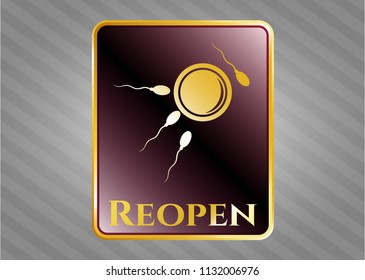  Golden emblem or badge with fertilization icon and Reopen text inside