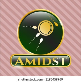  Golden emblem or badge with fertilization icon and Amidst text inside