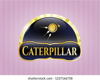  Golden emblem or badge with fertilization icon and Caterpillar text inside