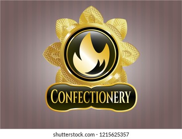  Golden emblem or badge with fire icon and Confectionery text inside