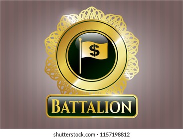  Golden emblem or badge with flag with money symbol inside icon and Battalion text inside