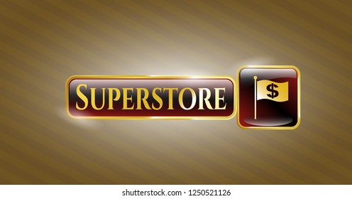  Golden emblem or badge with flag with money symbol inside icon and Superstore text inside