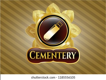  Golden emblem or badge with flash drive icon and Cemetery text inside