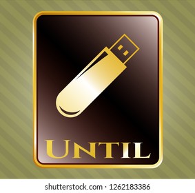  Golden emblem or badge with flash drive icon and Until text inside