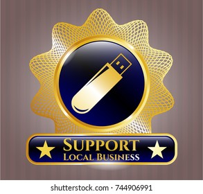  Golden emblem or badge with flash drive icon and Support Local Business text inside