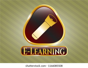  Golden emblem or badge with flashlight icon and E-Learning text inside