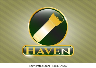  Golden emblem or badge with flashlight icon and Haven text inside