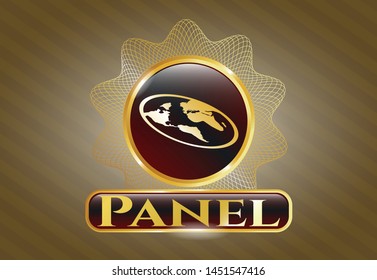  Golden emblem or badge with flat earth icon and Panel text inside