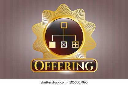  Golden emblem or badge with flowchart icon and Offering text inside