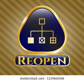  Golden emblem or badge with flowchart icon and Reopen text inside