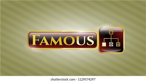  Golden emblem or badge with flowchart icon and Famous text inside