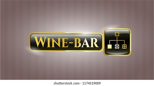  Golden emblem or badge with flowchart icon and Wine-bar text inside