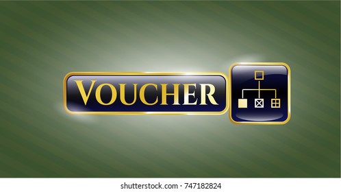  Golden emblem or badge with flowchart icon and Voucher text inside