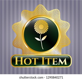  Golden emblem or badge with flower icon and Hot Item text inside