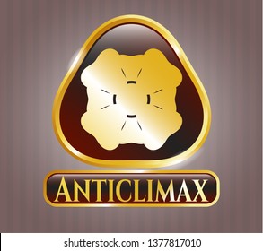  Golden emblem or badge with four leaf clover icon and Anticlimax text inside