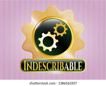  Golden emblem or badge with gear, team work icon and Indescribable text inside