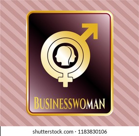  Golden emblem or badge with gender dysphoria icon and Businesswoman text inside