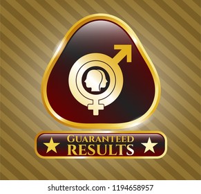  Golden emblem or badge with gender dysphoria icon and Guaranteed results text inside