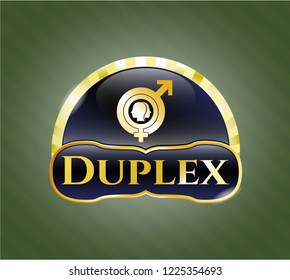  Golden emblem or badge with gender dysphoria icon and Duplex text inside