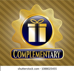  Golden emblem or badge with gift box icon and Complementary text inside