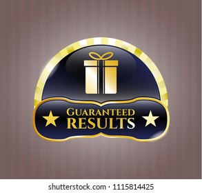  Golden emblem or badge with gift box icon and Guaranteed results text inside