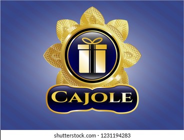 Golden emblem or badge with gift box icon and Cajole text inside