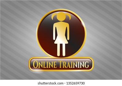  Golden emblem or badge with girl icon and Online Training text inside