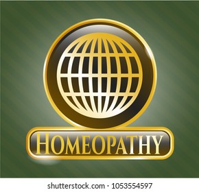  Golden emblem or badge with globe, website icon and Homeopathy text inside