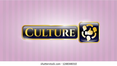  Golden emblem or badge with good customer feedback icon and Culture text inside