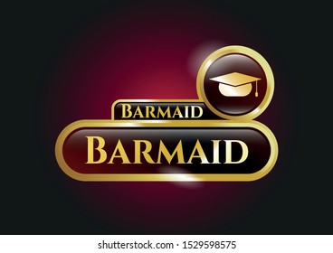  Golden emblem or badge with graduation cap icon and Barmaid text inside