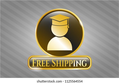  Golden emblem or badge with graduation icon and Free Shipping text inside